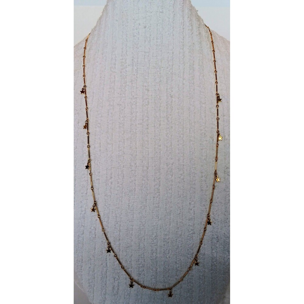 Gold Tone Bar Necklace W/ Star Charm Dangles Necklace